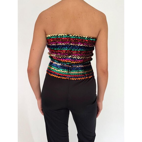 70s vintage black rainbow sequin disco festival strapless tube top pant jumpsuit - Picture 8 of 10